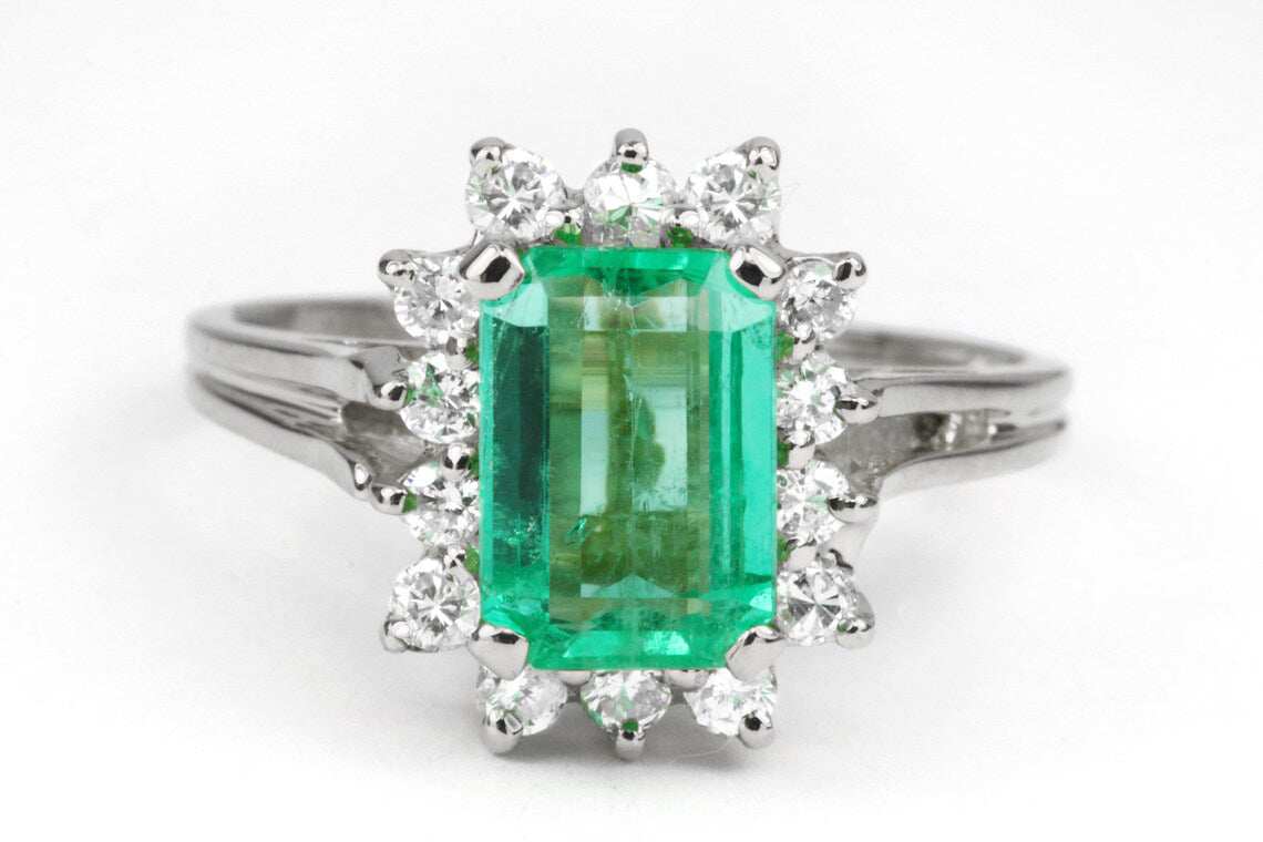 1.84tcw Natural Emerald Colombian Round Diamond Classic Halo Engagement Ring 18K