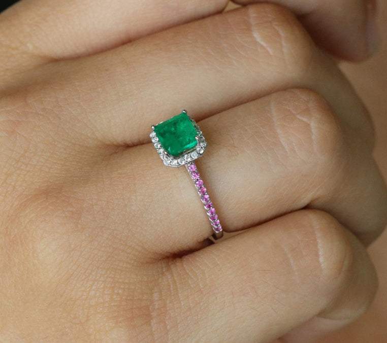 3.65tcw Emerald Cut Emerald & Pink Sapphire & Diamond Accent Ring 14K