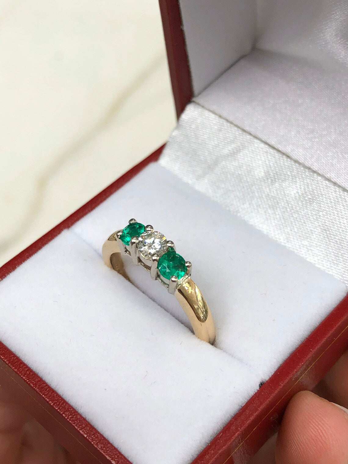 0.73tcw VS Diamond & Dark AAA Emerald 3 Stone Engagement Ring 18K