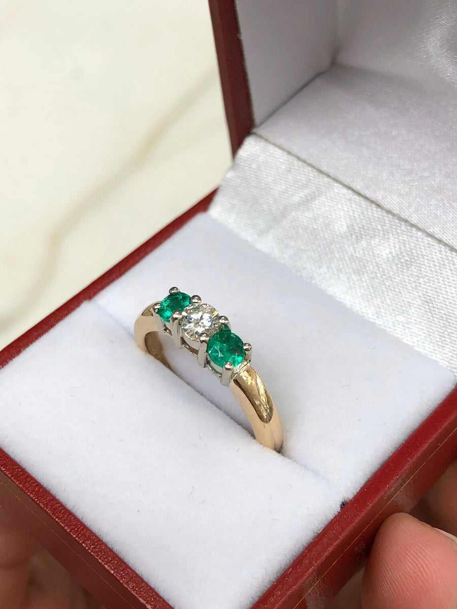 0.73tcw Round Diamond & Dark AAA Emerald Three Stone Engagement Ring 18K