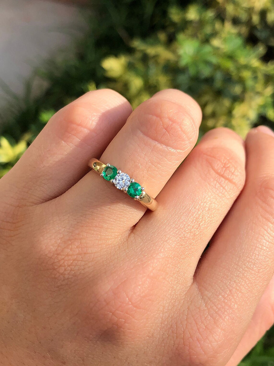 VS Diamond & Dark AAA Emerald 0.73tcw 3 Stone Engagement Ring 18K