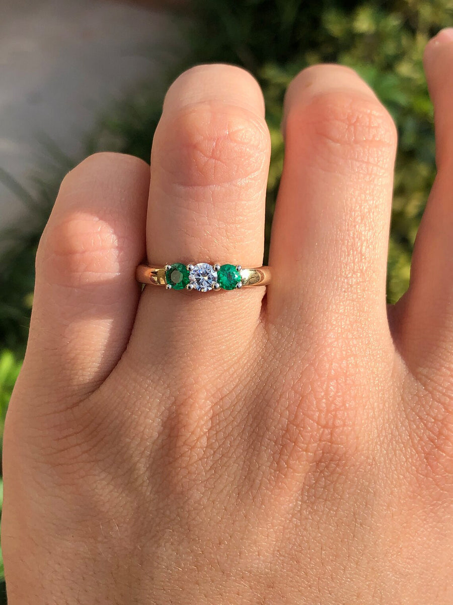 Chic and Sophisticated: Three Stone 0.73tcw VS Diamond & Dark AAA Emerald Engagement Ring in 18K Gold