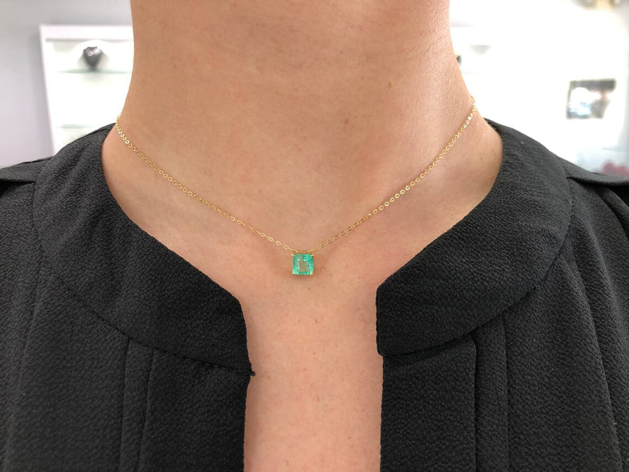 1.35CT 14K Solitaire Colombian Emerald Four Prong Slider Square Necklace Pendant