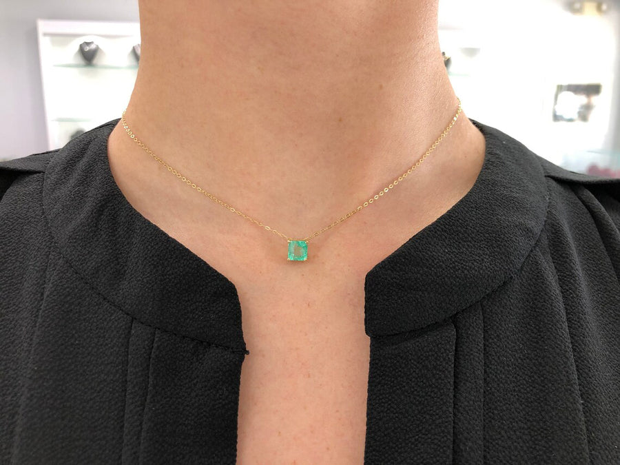 1.35CT 14K Solitaire Colombian Emerald 4 Prong Slider Asscher Necklace