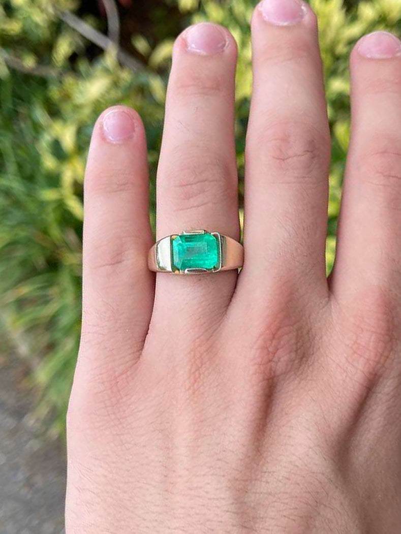 3.52 Carat East to West Colombian Emerald Tension Set Mens Ring 14K - JR Colombian Emeralds