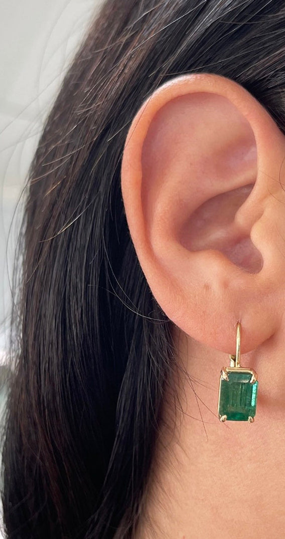 5.0tcw Vivid Dark Green High Grade Emerald-Emerald Cut Lever Back Earrings 18K