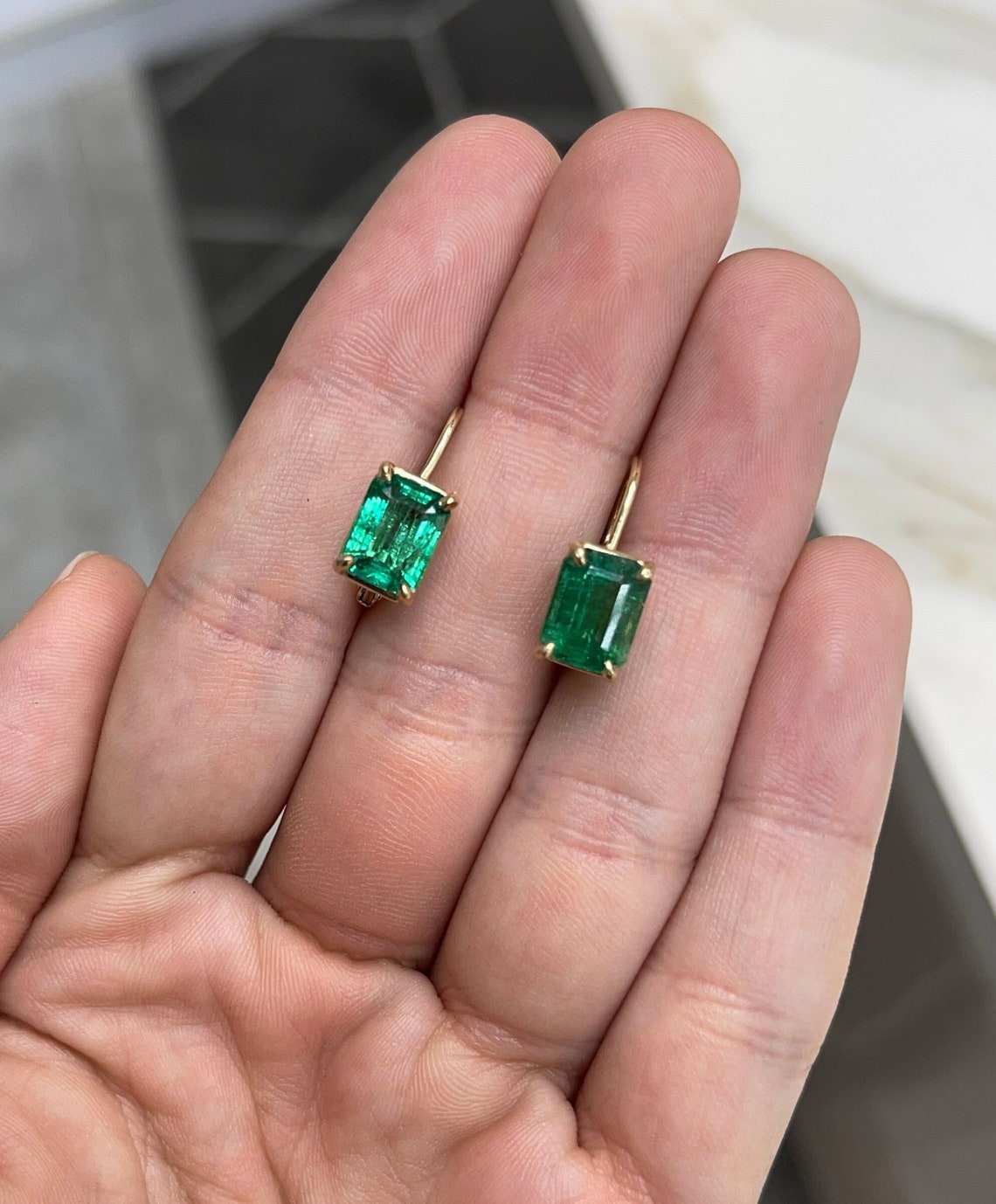 5.0tcw Vivid Dark Green High Grade Emerald-Emerald Cut Lever Back Earrings 18K - JR Colombian Emeralds