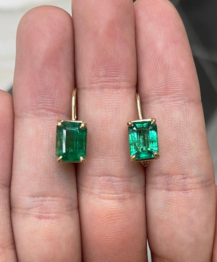 5.0tcw Vivid Dark Green High Grade Emerald-Emerald Cut Lever Back Earrings 18K