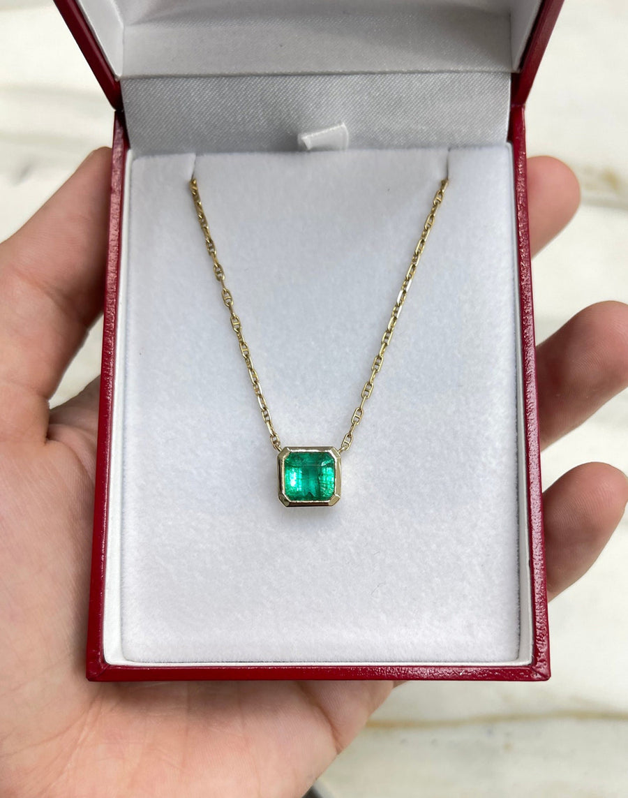 2.22cts 14K Natural Sqaure Emerald Bezel Set Solitaire Anchor Stationary Necklace