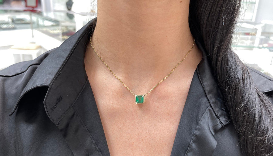 Natural Square 2.22cts Emerald Bezel Set Solitaire Anchor Stationary Classic Necklace 14K on neck