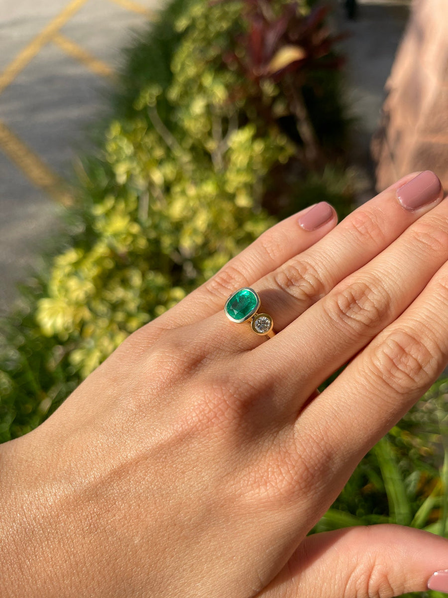 18K Three Stone Cushion Emerald & Diamond Ring