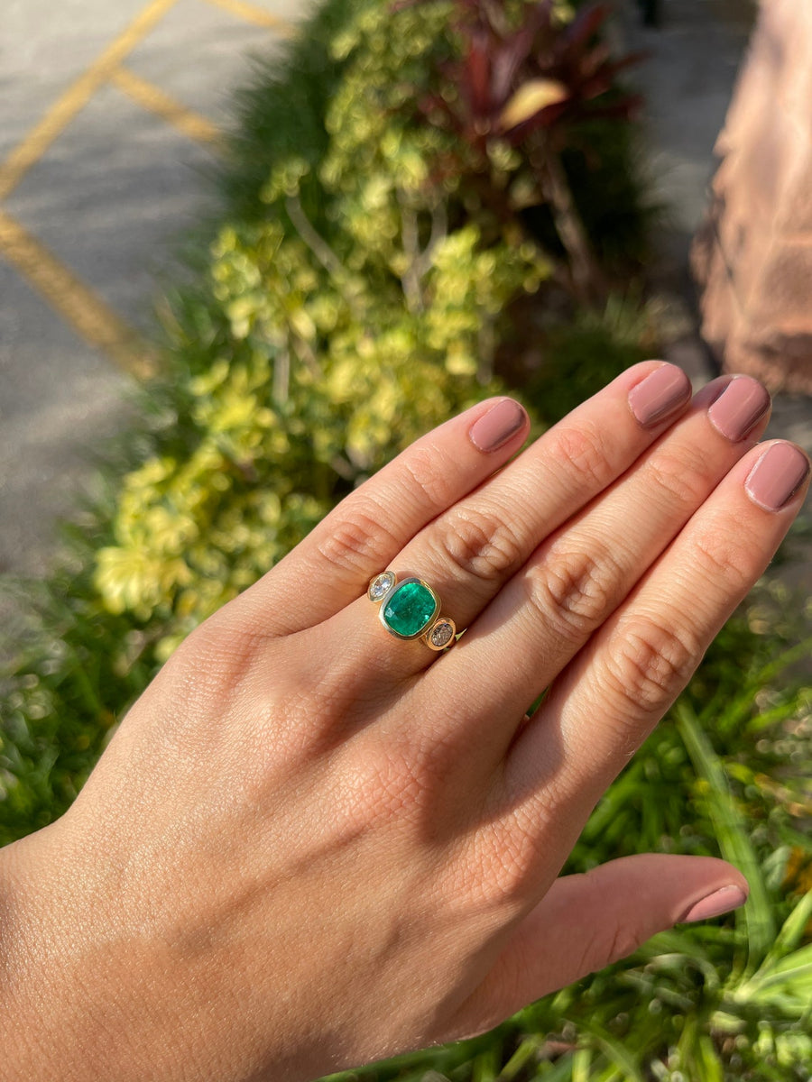 4.02tcw 18K Three Stone Cushion Emerald & Diamond Ring