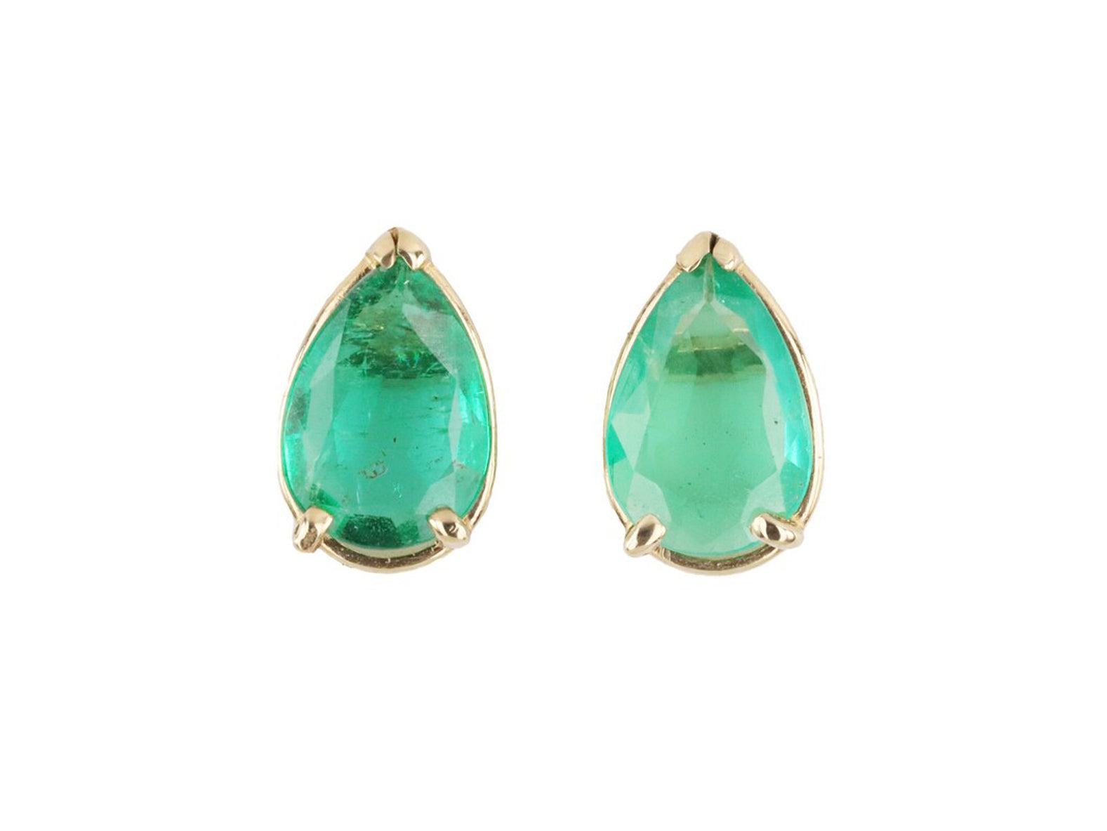 2.15tcw Tear Drop Natural Emerald Stud Earrings Yellow Gold 14K