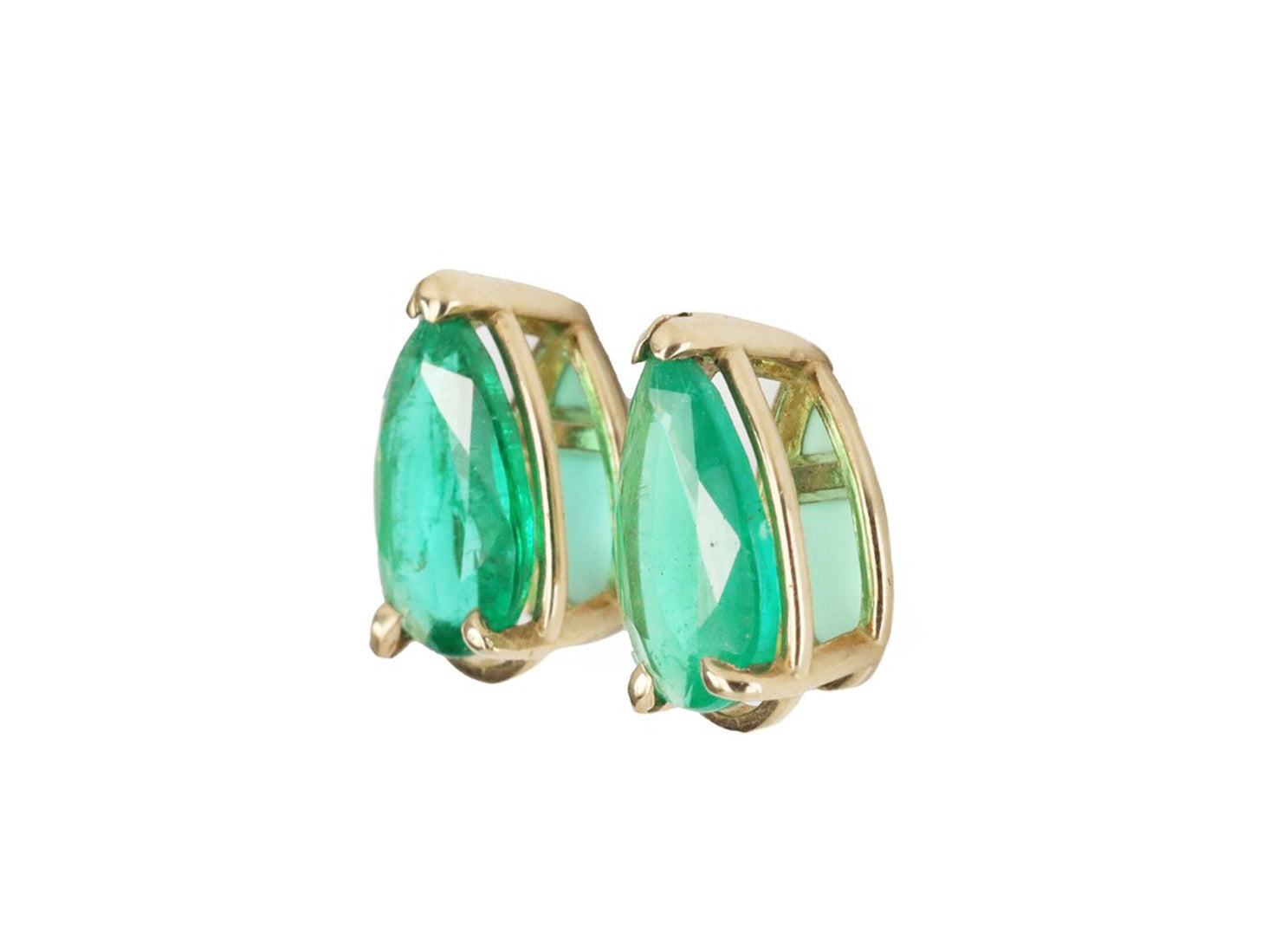 2.15tcw Tear Drop Natural Emerald Stud Earrings Yellow Gold 14K