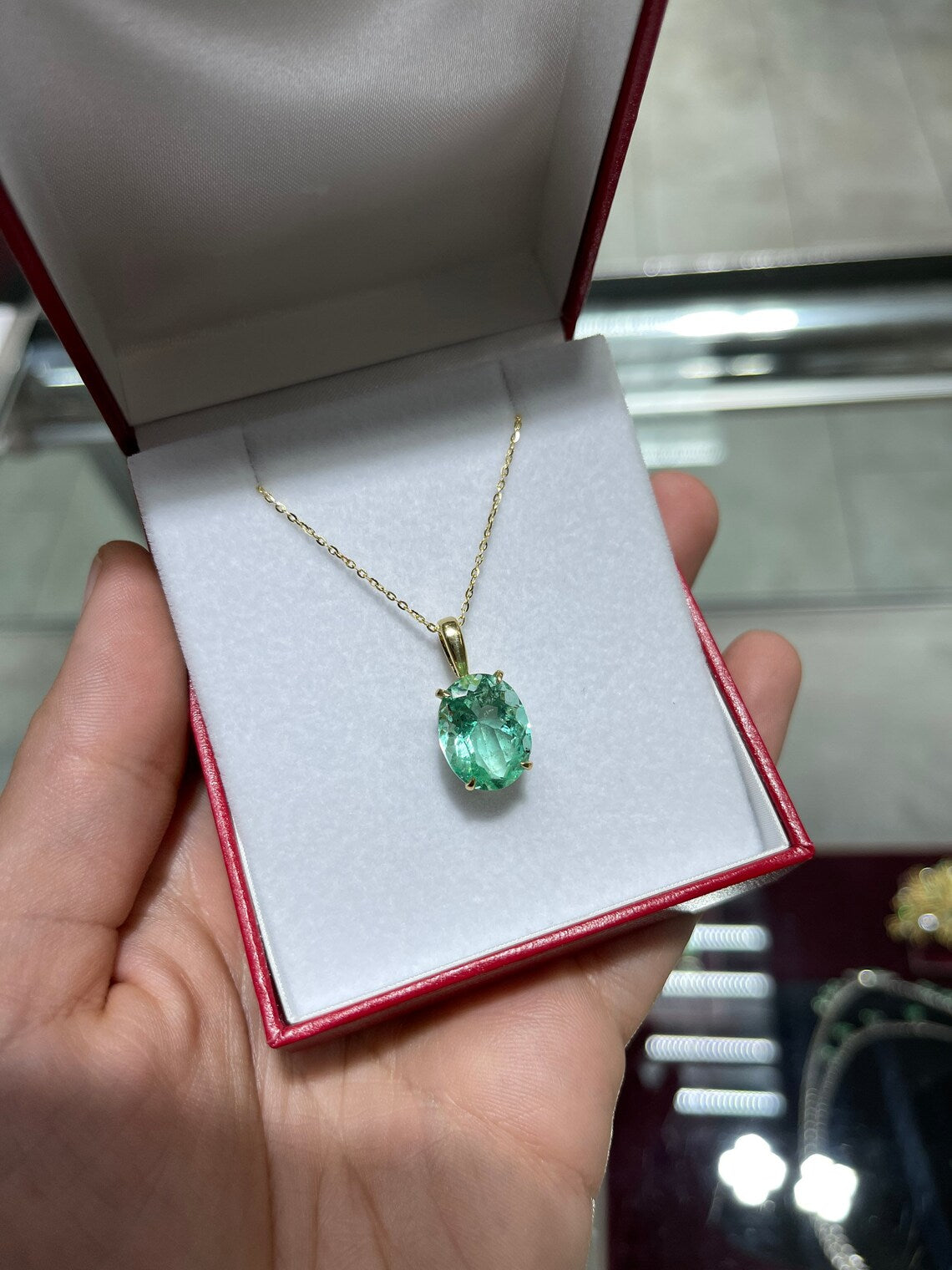 6.45ct 18K Bluish Green High Transparency Oval Colombian Emerald 4-Prong Solitaire Pendant Necklace