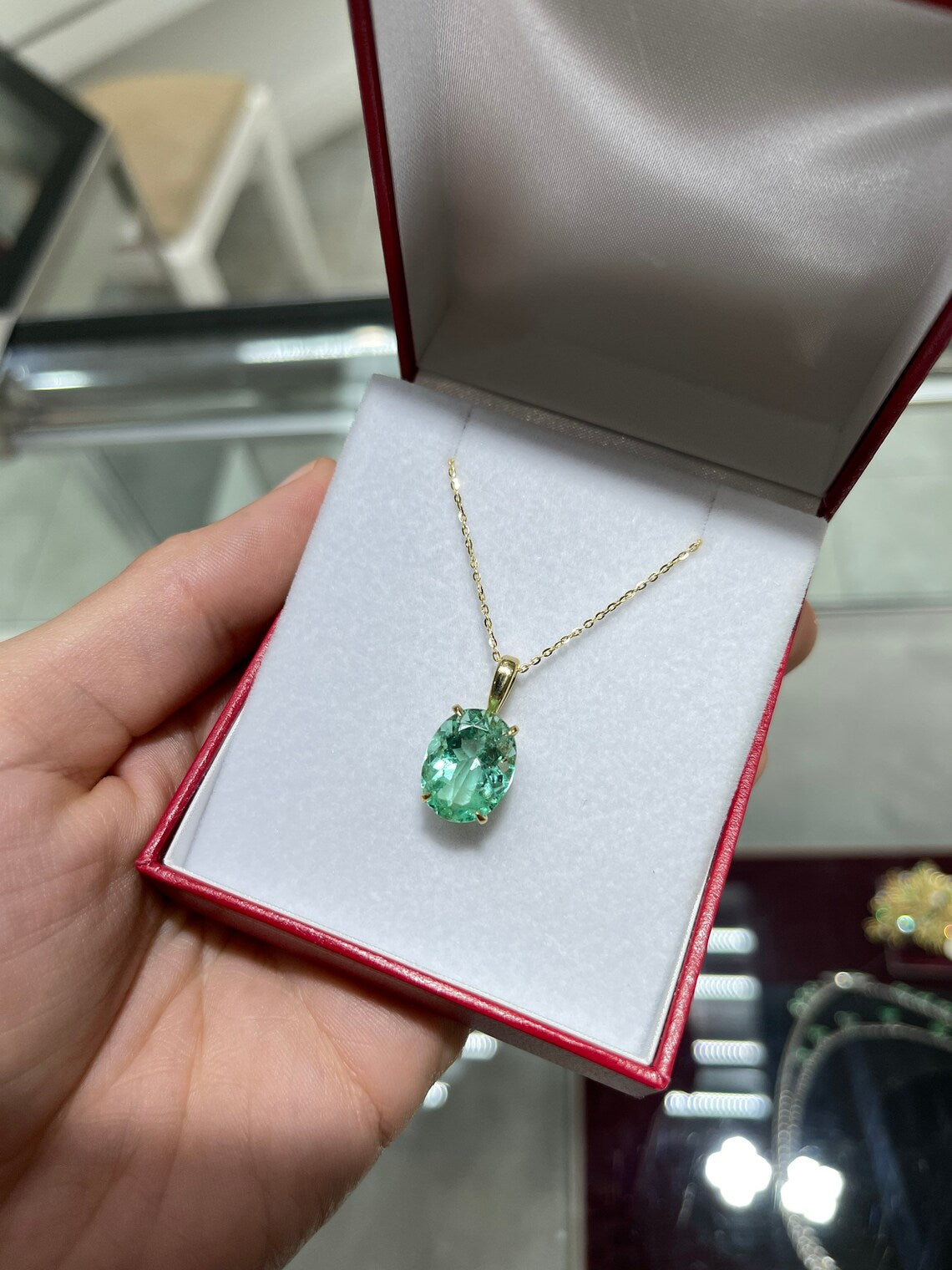 6.45ct 18K Bluish Green High Transparency Oval Colombian Emerald 4-Prong Solitaire Pendant Necklace