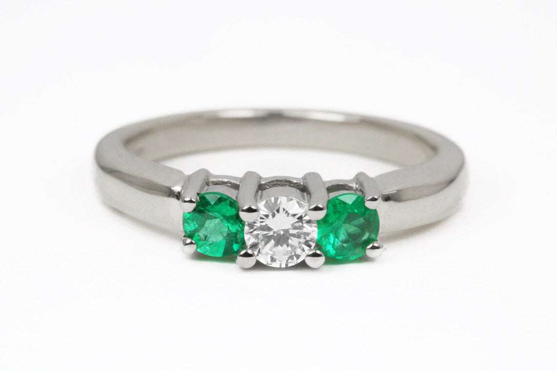 0.73tcw VS Diamond & Dark AAA Emerald 3 Stone Engagement Ring 18K - JR Colombian Emeralds