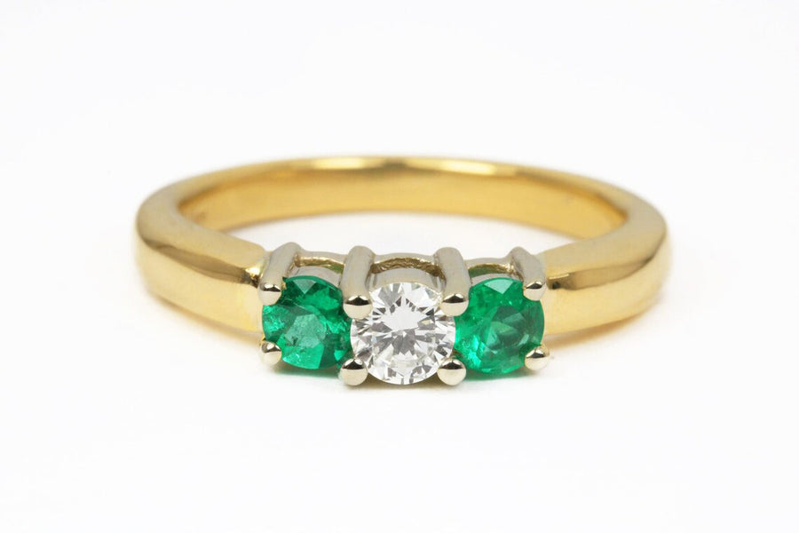 Dazzling Brilliance: 0.73tcw VS Diamond & Dark AAA Emerald 3 Stone Engagement Ring in 18K Gold