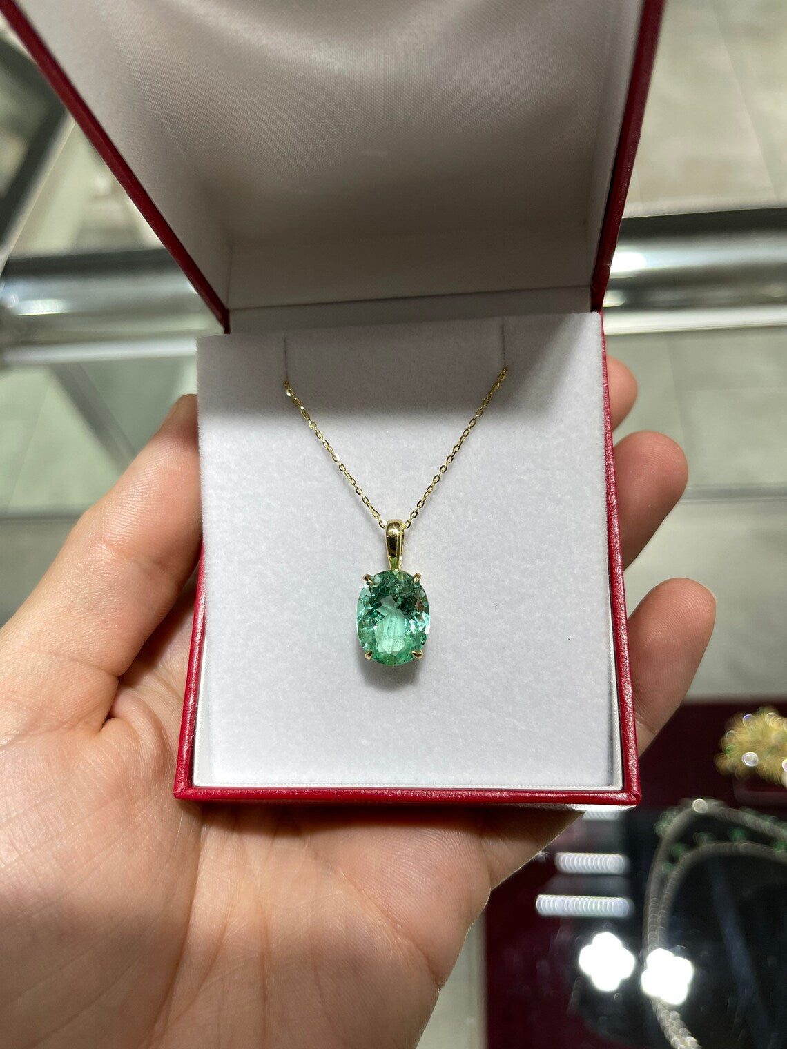 6.45ct 18K Bluish Green High Transparency Oval Colombian Emerald 4-Prong Solitaire Pendant Necklace