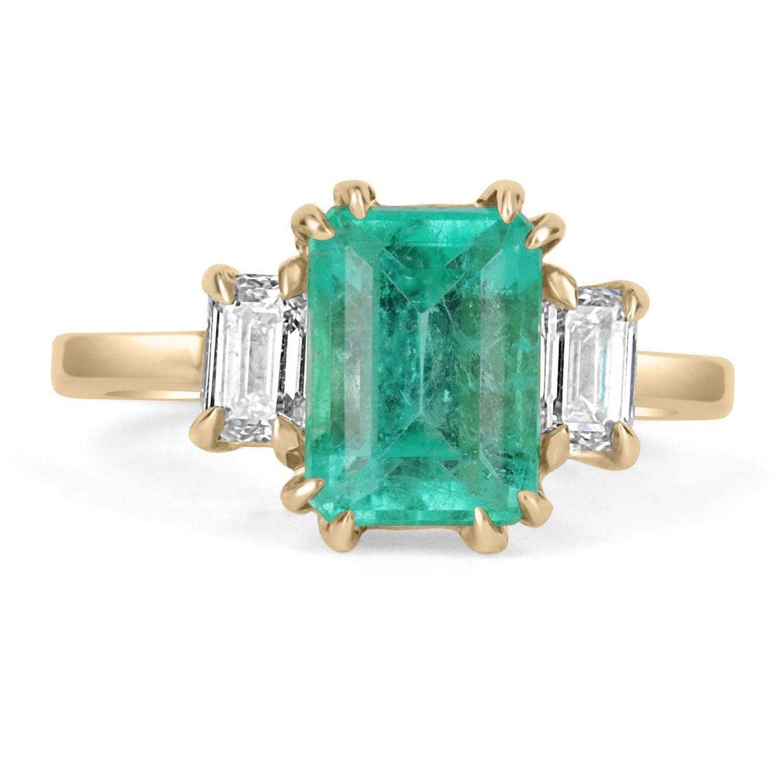 2.98tcw Emerald Three Stone Cut Diamond Emerald Ring 14K Yellow Gold