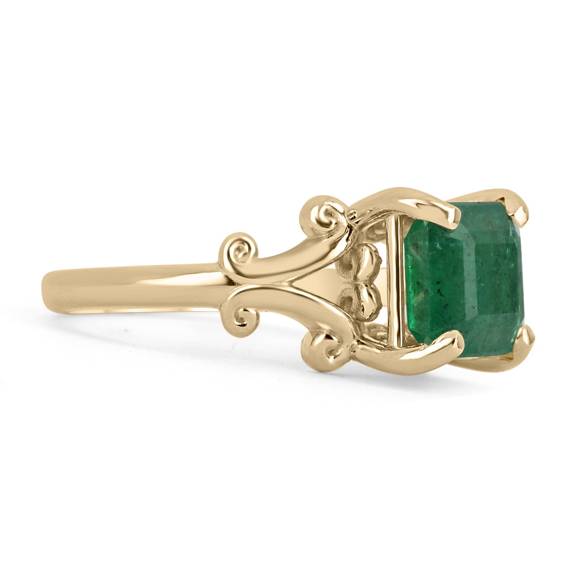 14K gold ladies emerald solitaire ring featuring a 2.63ct natural Asscher cut emerald in a vintage four-prong setting.