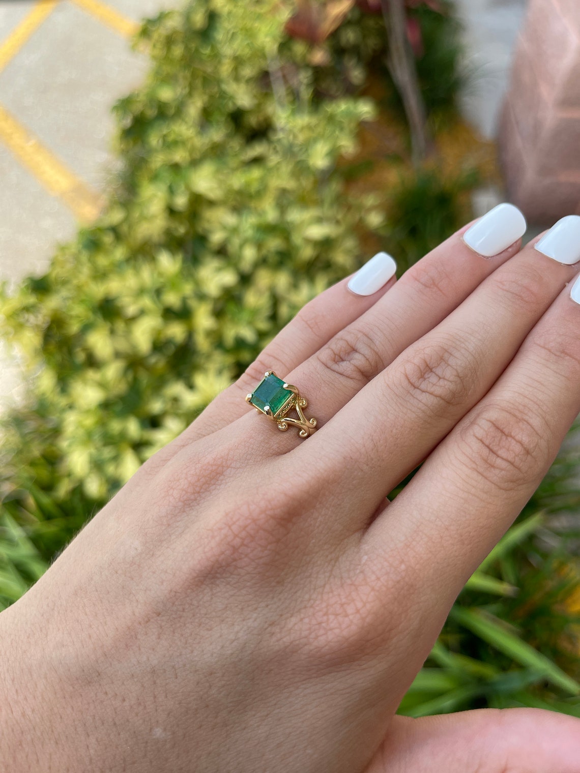 Natural 2.63ct Asscher cut emerald solitaire ring in 14K gold with four prongs, vintage style, by JR Colombian Emeralds.