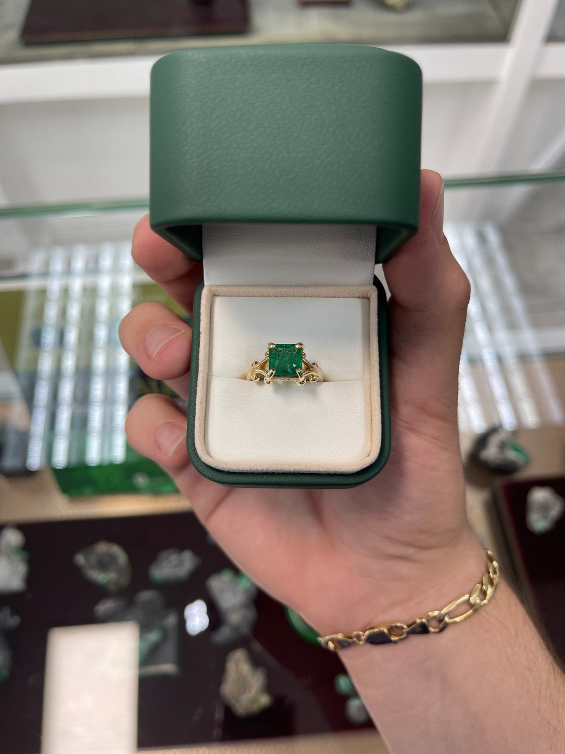 Natural 2.63ct Asscher cut emerald solitaire ring in 14K gold with four prongs, vintage style for ladies by JR Colombian Emeralds