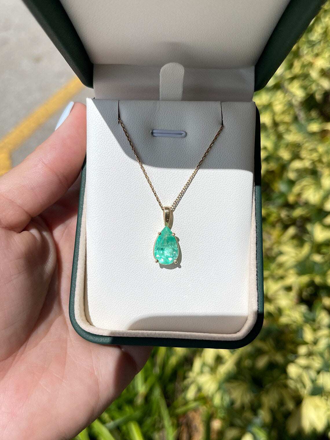 4.54 Carat Tear Drop Medium Green Colombian Emerald Solitaire Necklace 14K