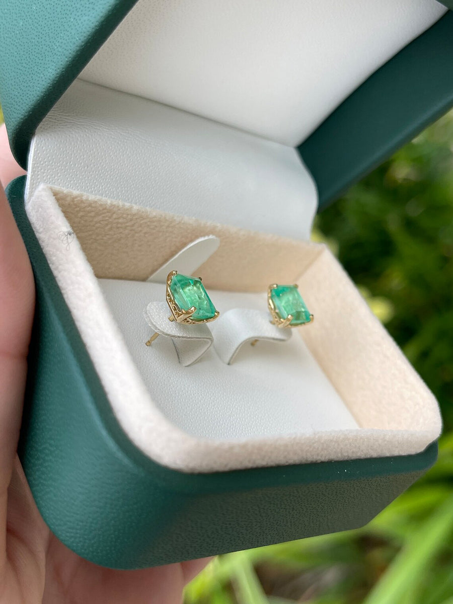 4.0tcw bright green Colombian Emerald Classic Solitaire Stud Earrings 14K gifts