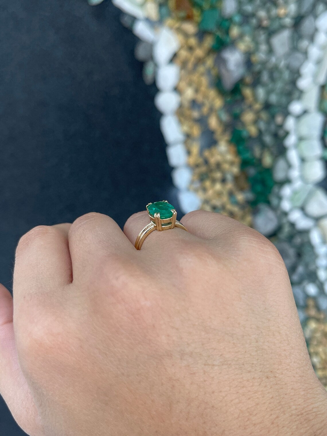 2.90ct 14K Natural Oval Cut Rich Lush Green Emerald Double Claw Prong W Split Shank Engagement Ring - JR Colombian Emeralds