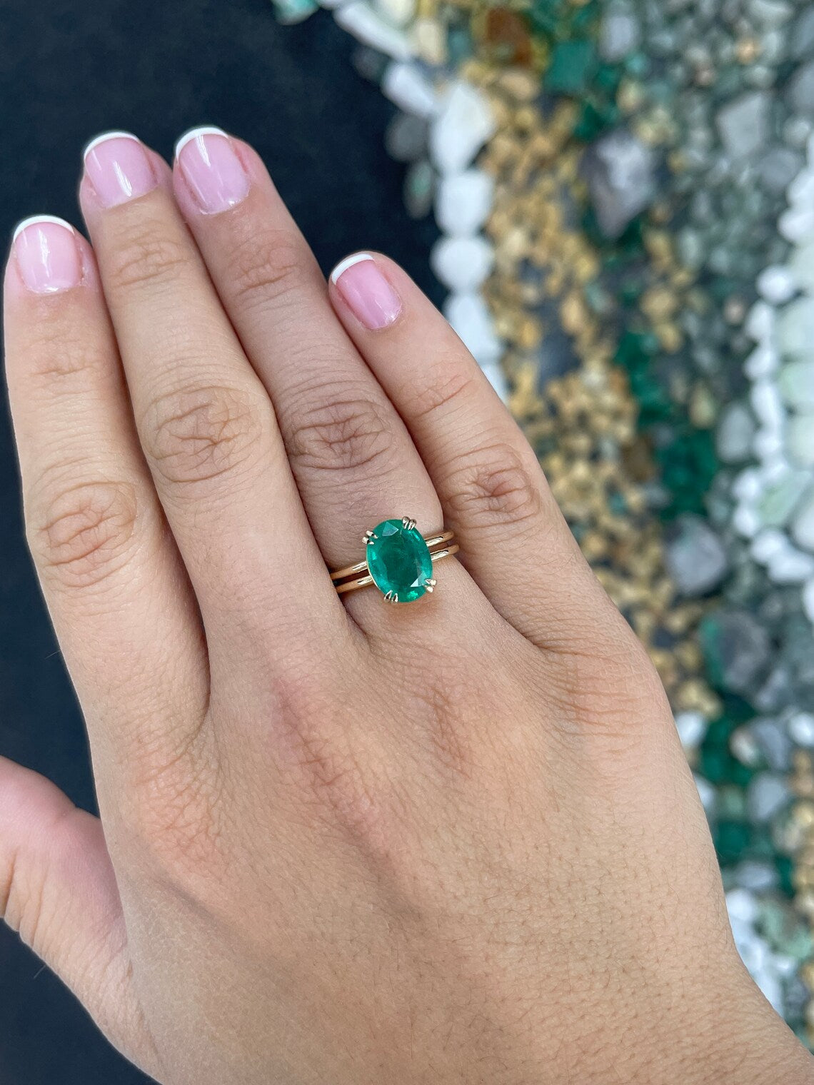 2.90ct 14K Natural Oval Cut Rich Lush Green Emerald Double Claw Prong W Split Shank Engagement Ring - JR Colombian Emeralds