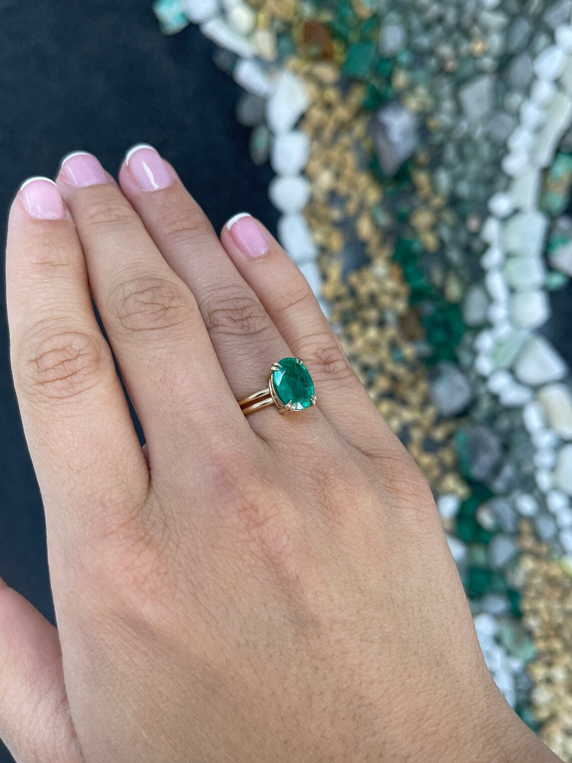 2.90ct 14K Natural Oval Cut Rich Lush Green Emerald Double Claw Prong W Split Shank Engagement Ring - JR Colombian Emeralds