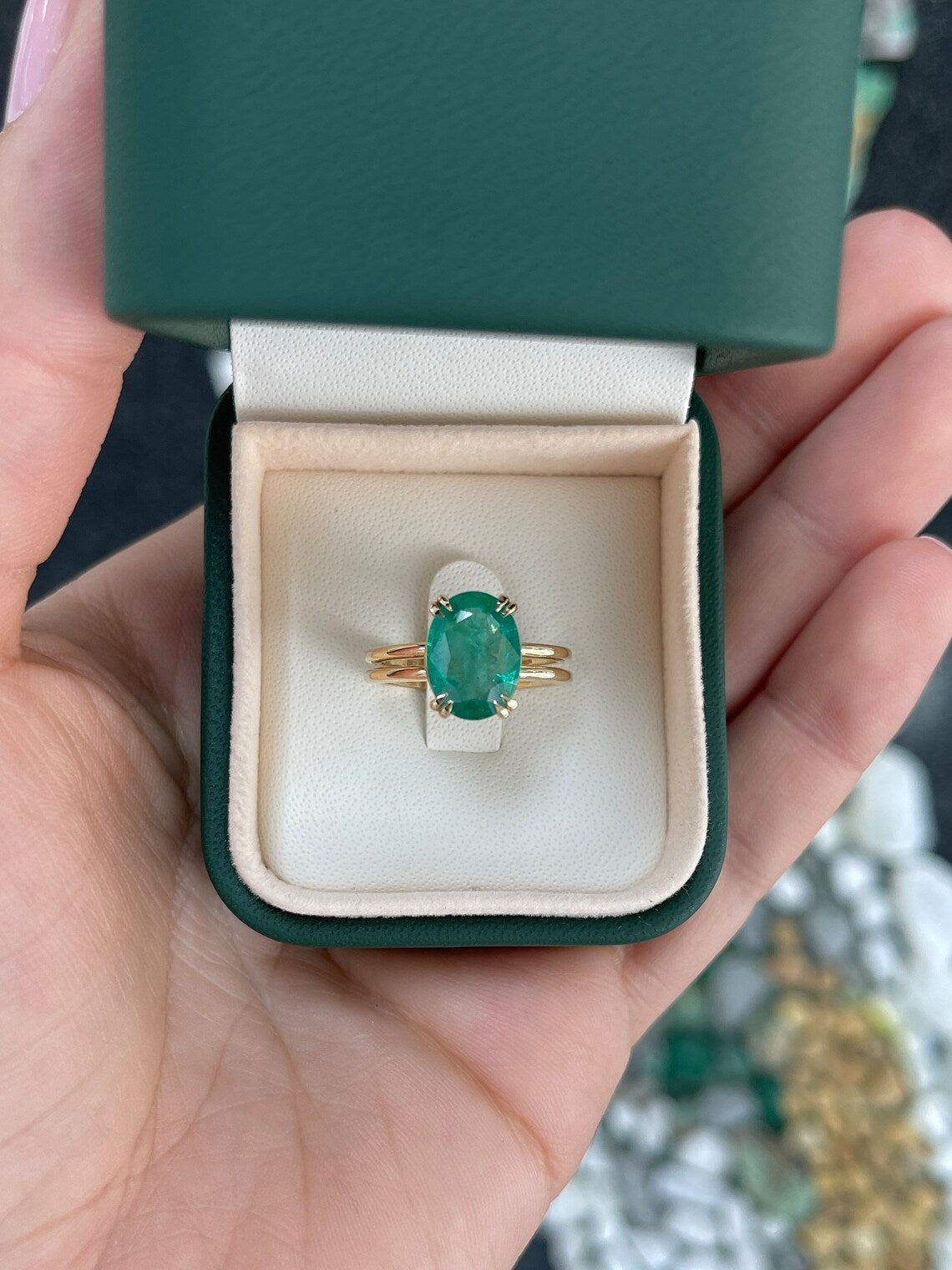 2.90ct 14K Natural Oval Cut Rich Lush Green Emerald Double Claw Prong W Split Shank Engagement Ring - JR Colombian Emeralds