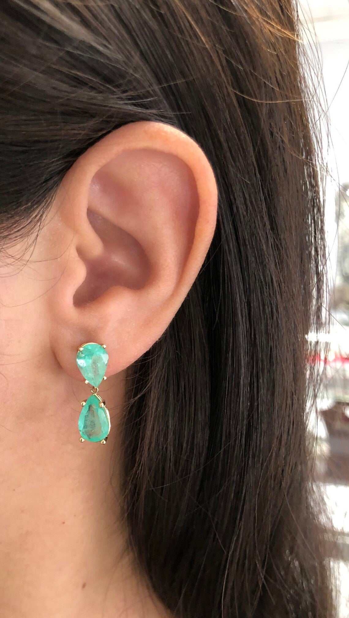 7.54tcw Teardrop Natural Colombian Bright Green Emerald Dangle Earrings 14K