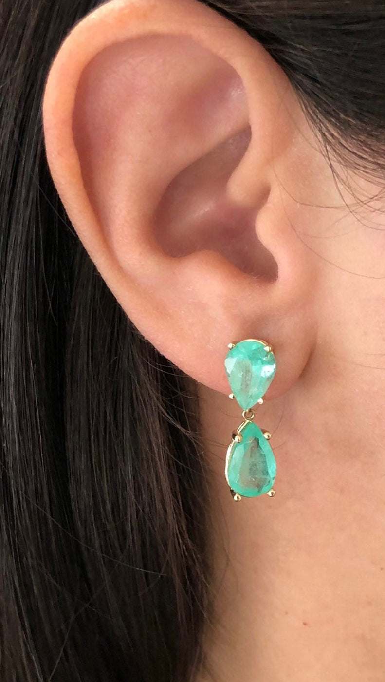 7.54tcw Pear Natural Colombian Emerald Dangle Earrings 14K Gold