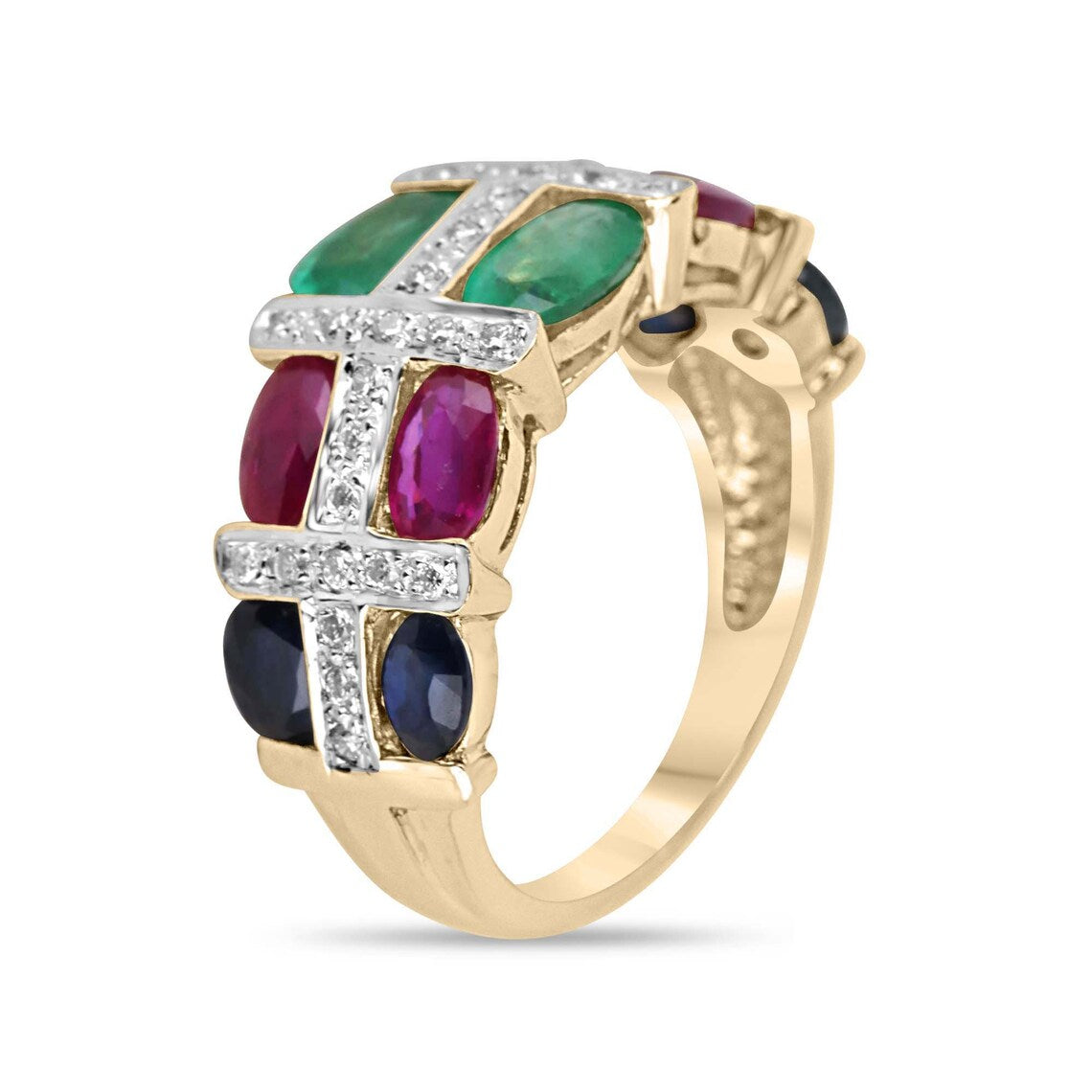 3.15 Carat Multi Gemstone Oval Emerald Ruby Sapphire Diamond Ring
