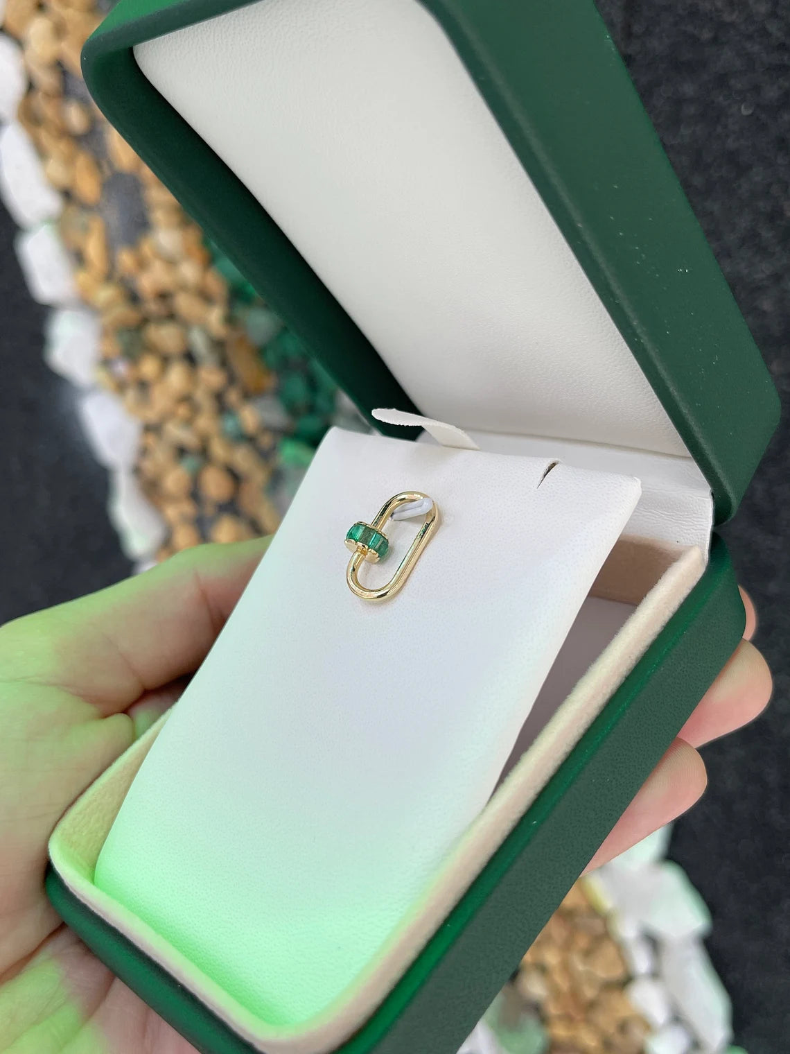 1.15ct Natural Emerald Cut Carabiner Charm Pendant with Green Emerald