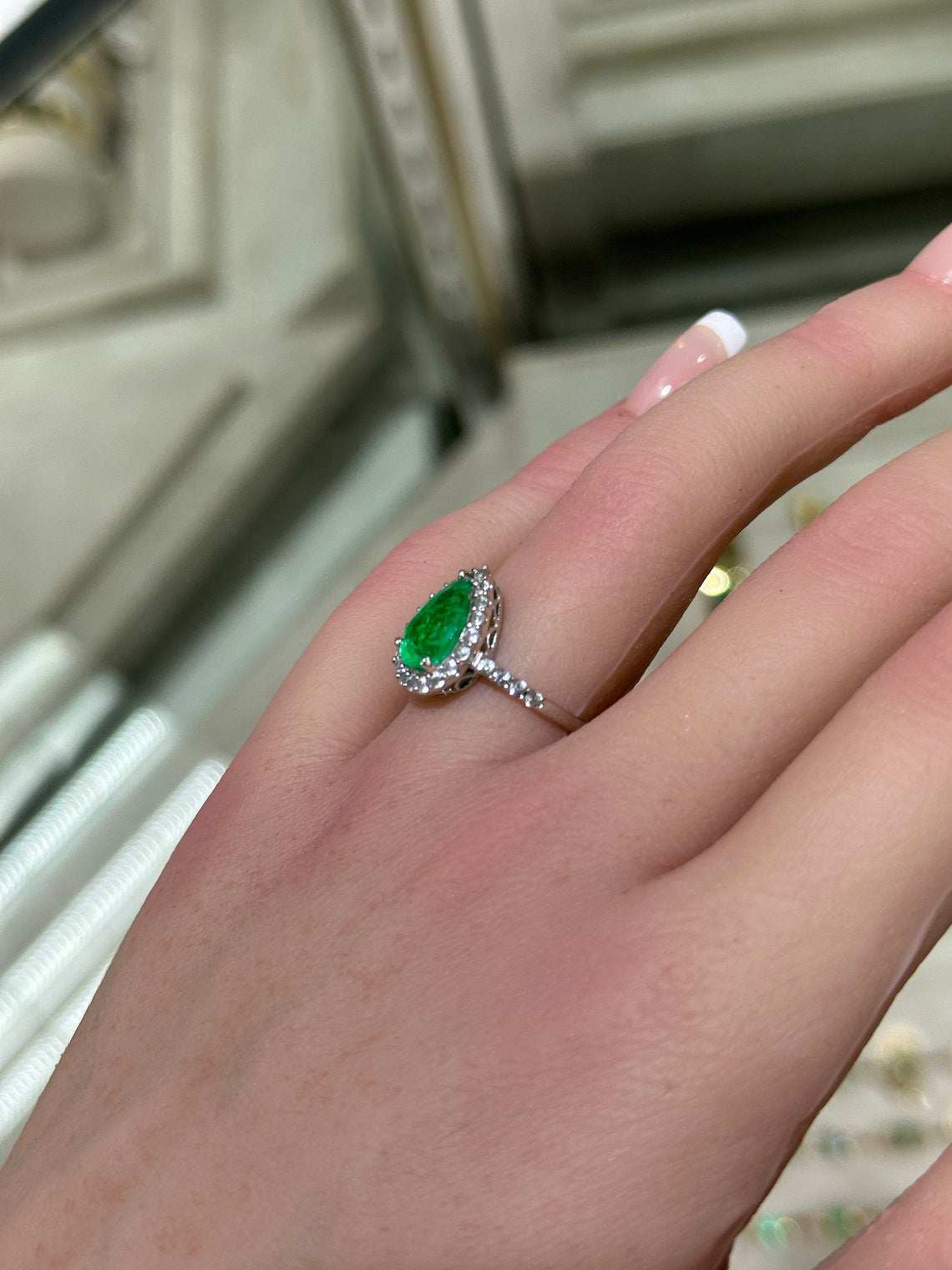 2.66tcw Pear Cut Vivid Medium Dark Green Emerald & Diamond Halo Accent Engagement Ring 14K White Gold