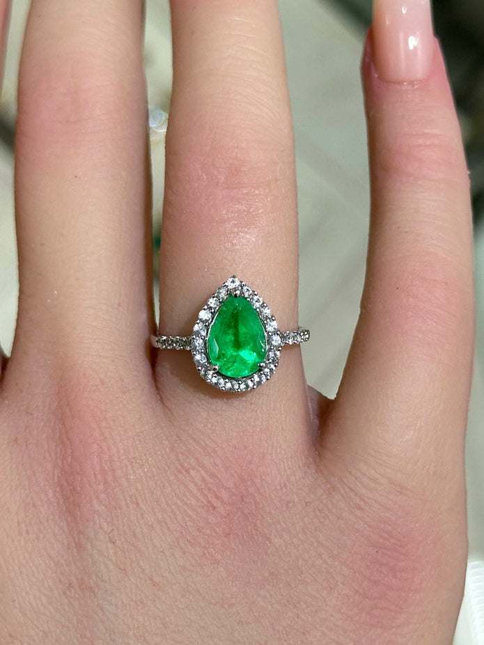 2.66tcw Pear Cut Vivid Medium Dark Green Emerald & Diamond Halo Accent Engagement Ring 14K White Gold