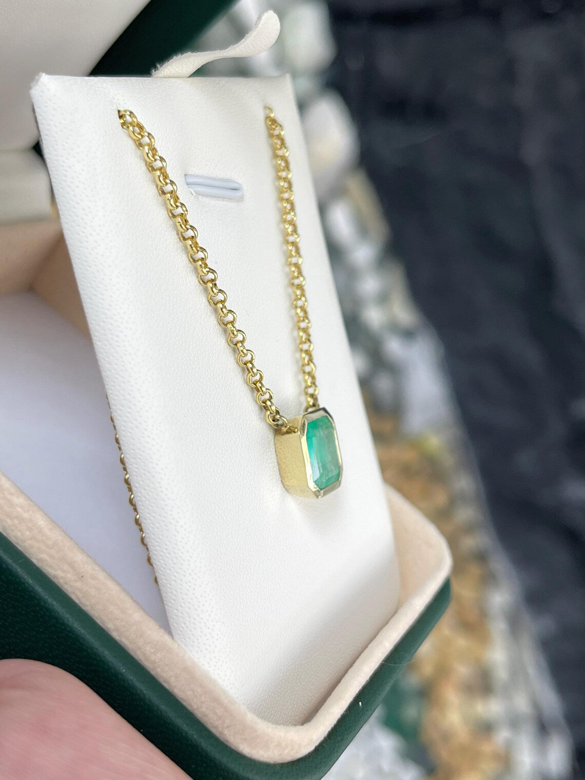 3.22 Carat Natural Colombian Emerald Asscher Cut Bezel Necklace 14K