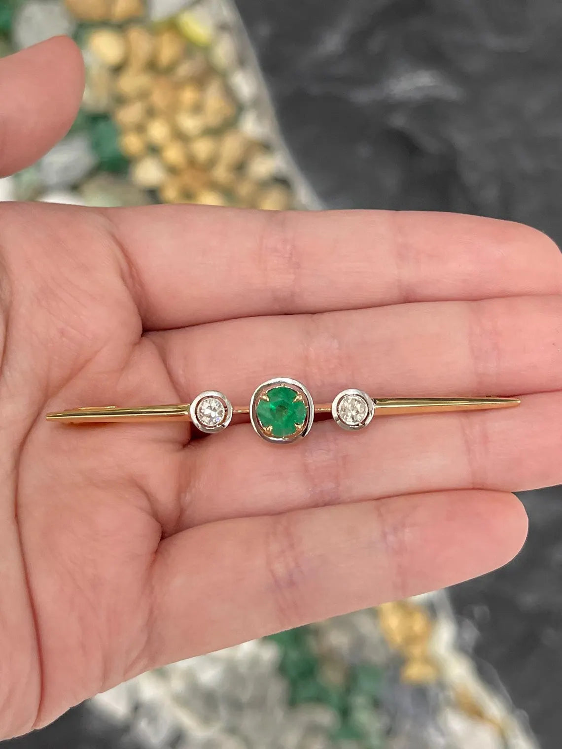 1.65tcw Natural Emerald Diamond Antique Brooch Vintage Three Stone Pin