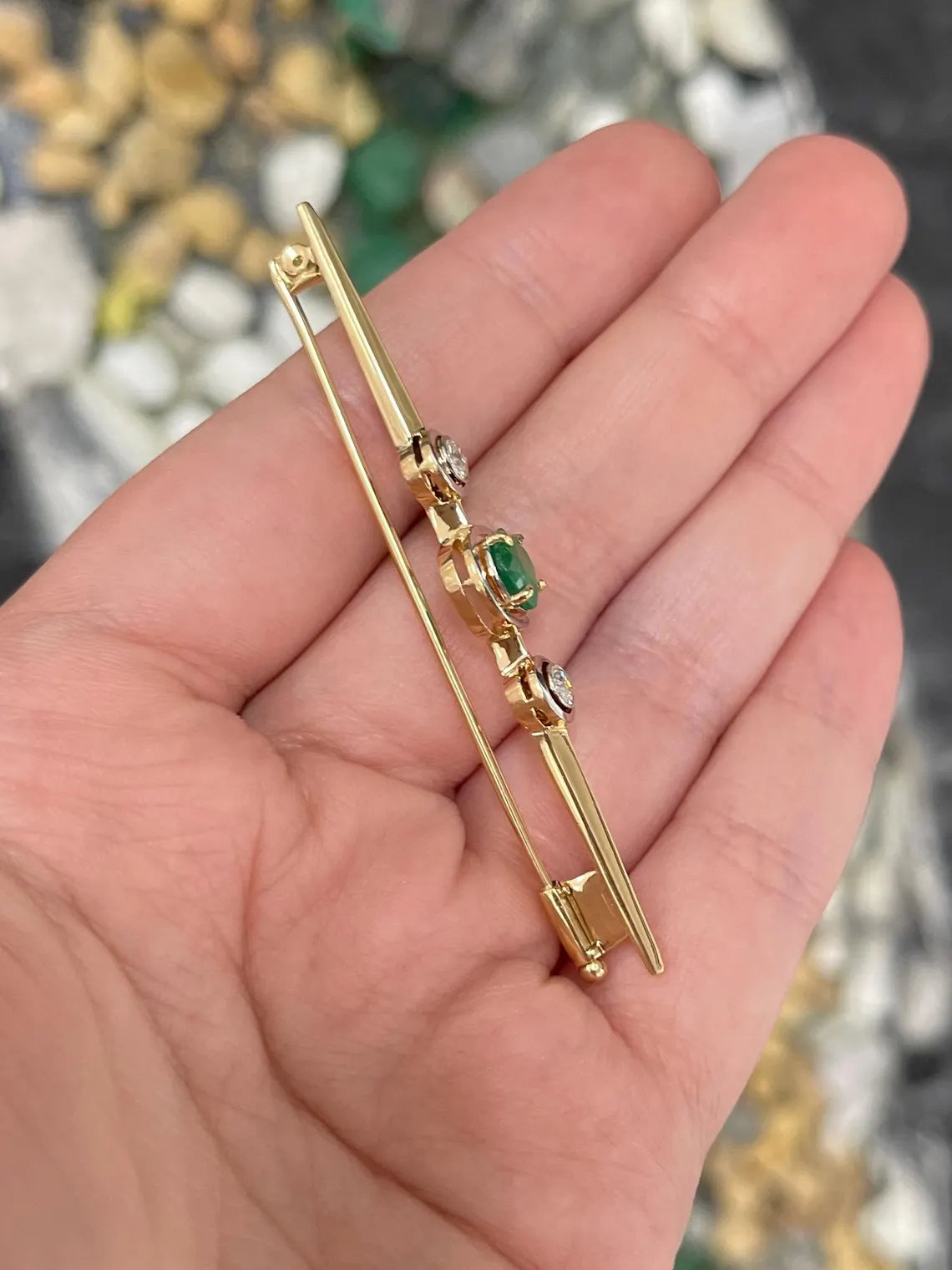1.65tcw Natural Emerald Diamond Antique Brooch Vintage Three Stone Pin