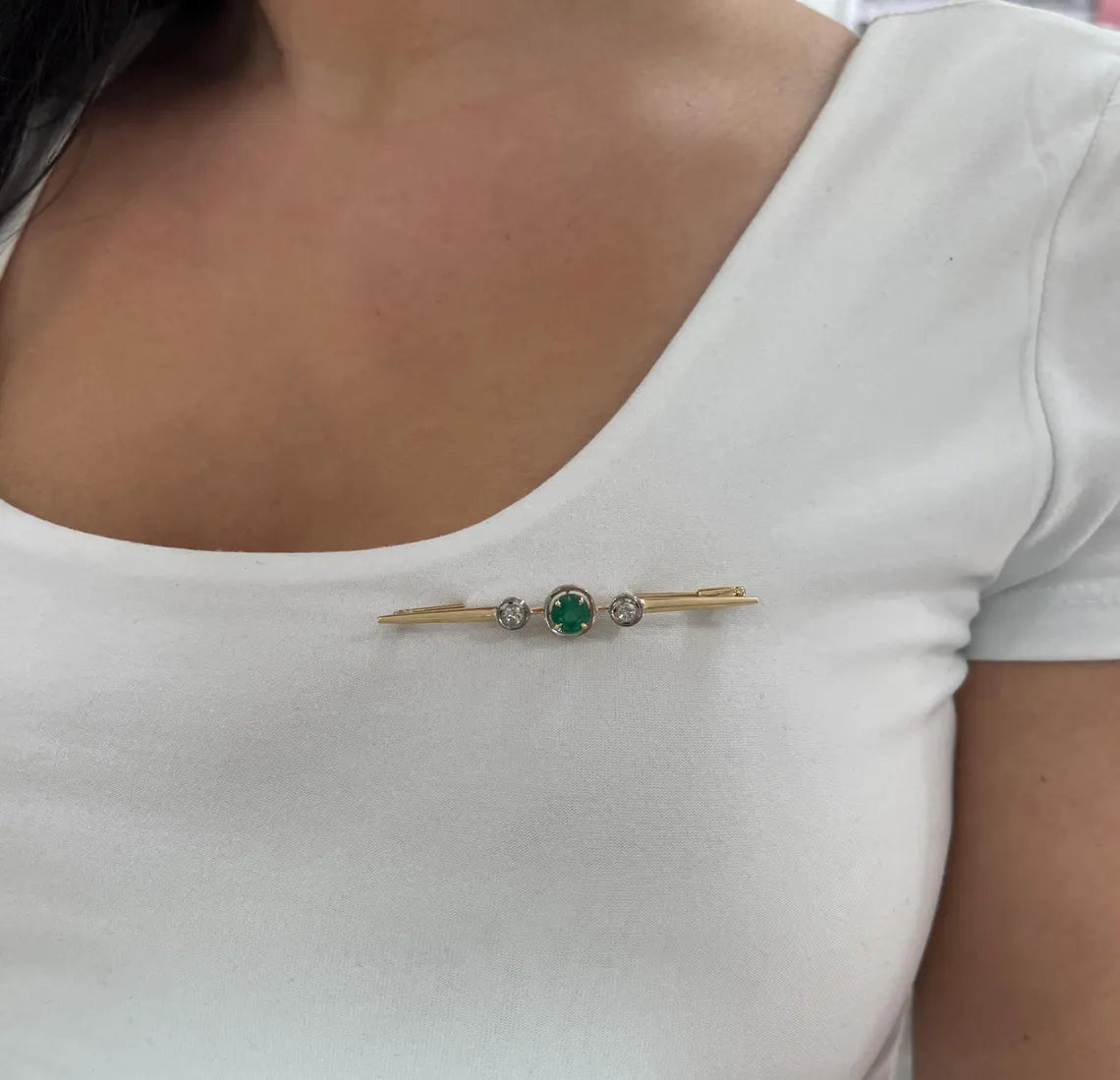1.65tcw Natural Emerald Diamond Antique Brooch Vintage Three Stone Pin