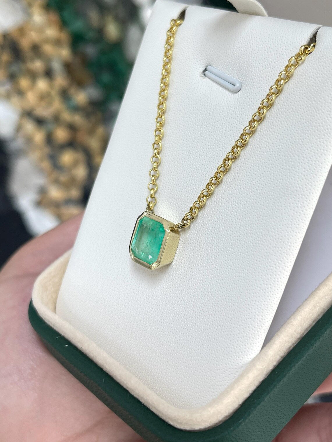 3.22 Carat Natural Colombian Emerald Asscher Cut Bezel Necklace 14K