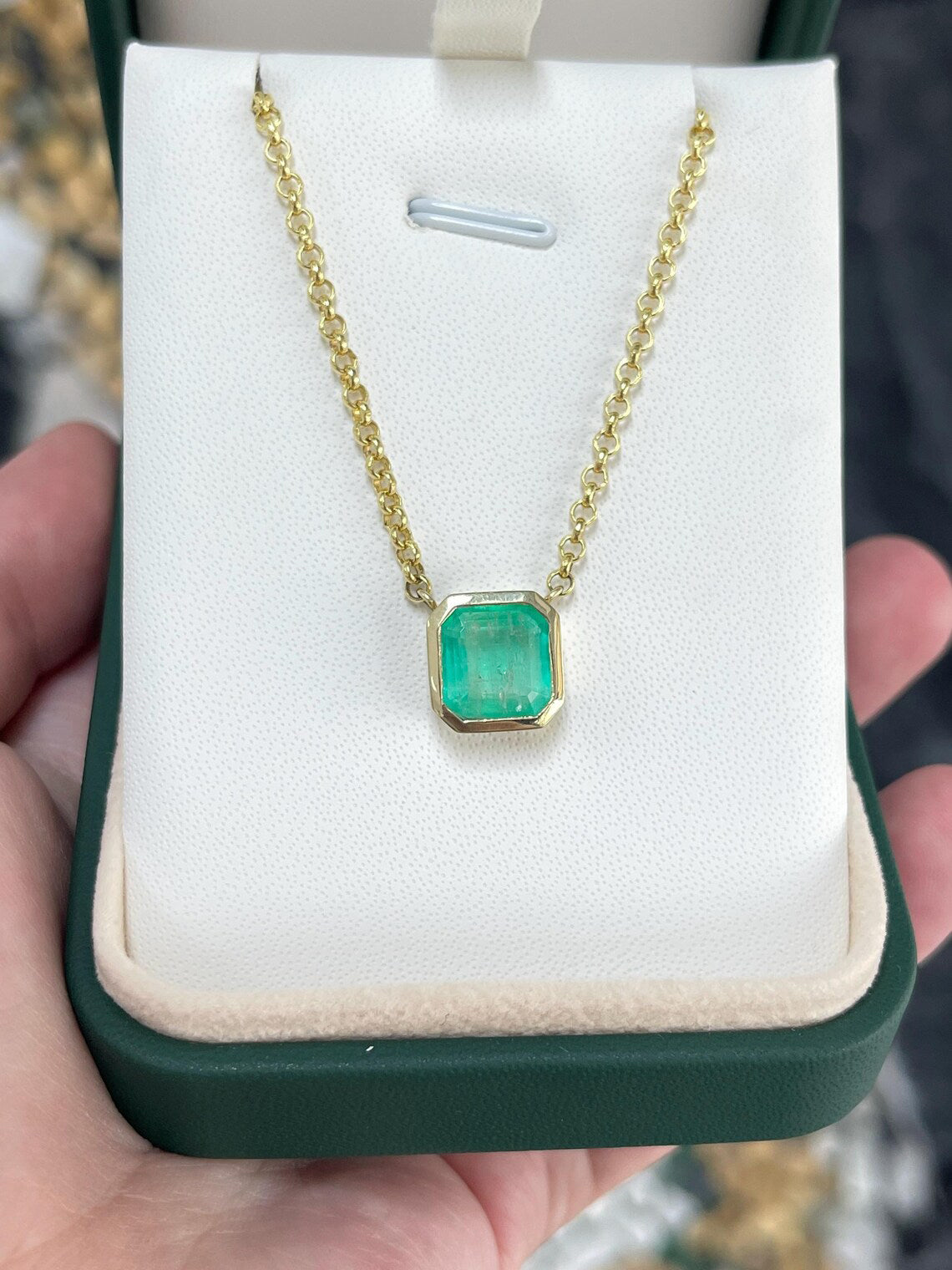 3.22 Carat Natural Colombian Emerald Asscher Cut Bezel Necklace 14K