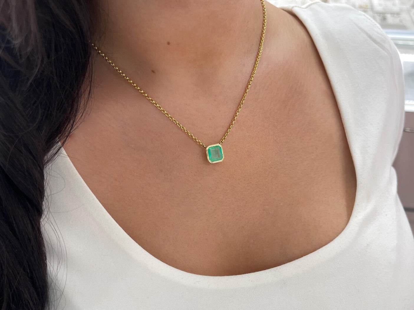 3.22 Carat Natural Colombian Emerald Asscher Cut Bezel Necklace 14K