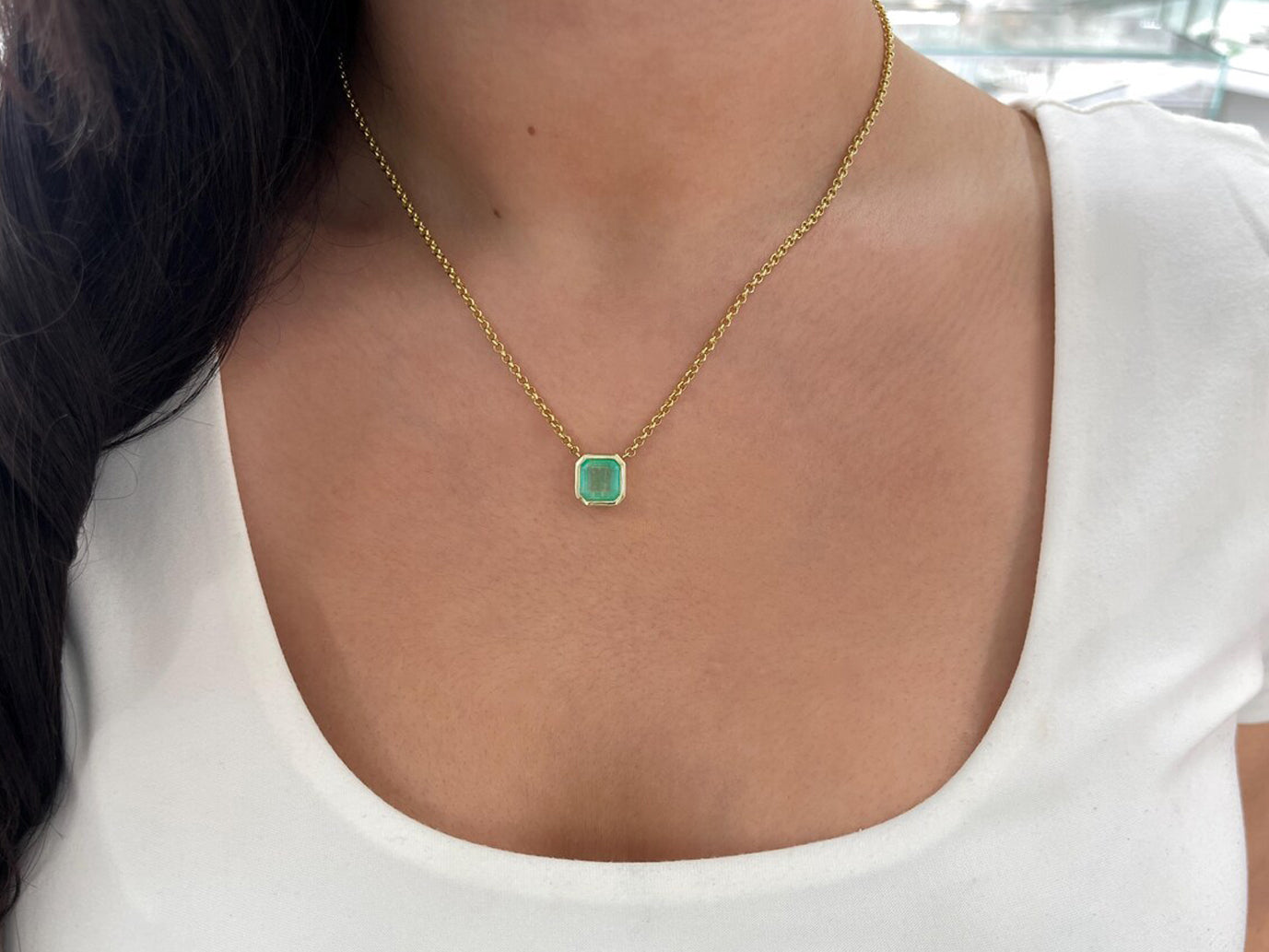 3.22 Carat Natural Colombian Emerald Asscher Cut Bezel Necklace 14K