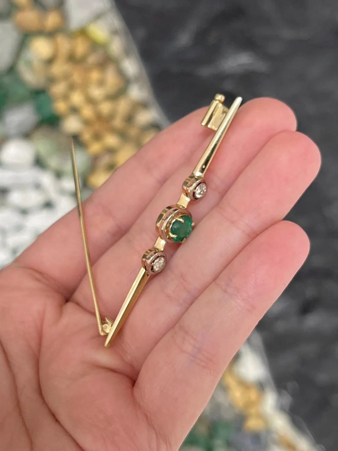 1.65tcw Natural Emerald Diamond Antique Brooch Vintage Three Stone Pin