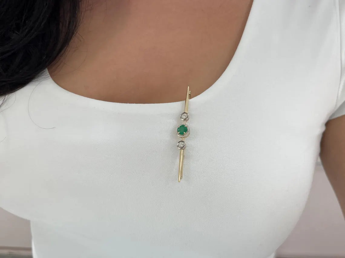 1.65tcw Natural Emerald Diamond Antique Brooch Vintage Three Stone Pin