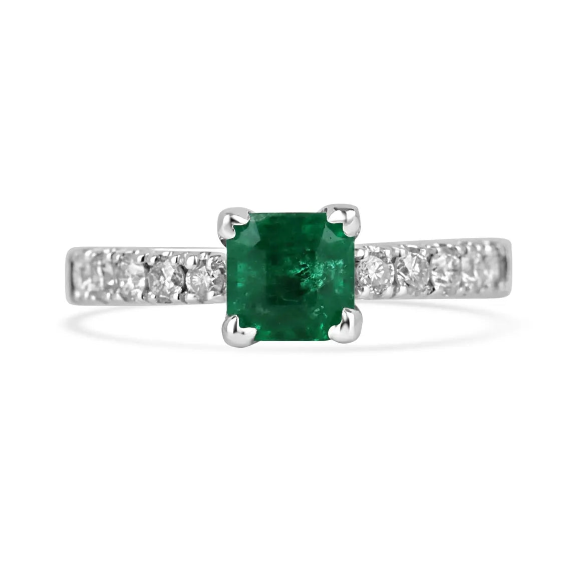 1.50Tcw Rich Green Asscher Emerald Sparkles With Diamond Accent Shine Engagement Ring - JR Colombian Emeralds